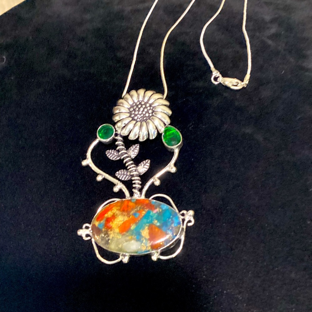 🌻Sunflower Oyster Turquoise-Green Quartz 925 Sliver Plated Stamped Necklace